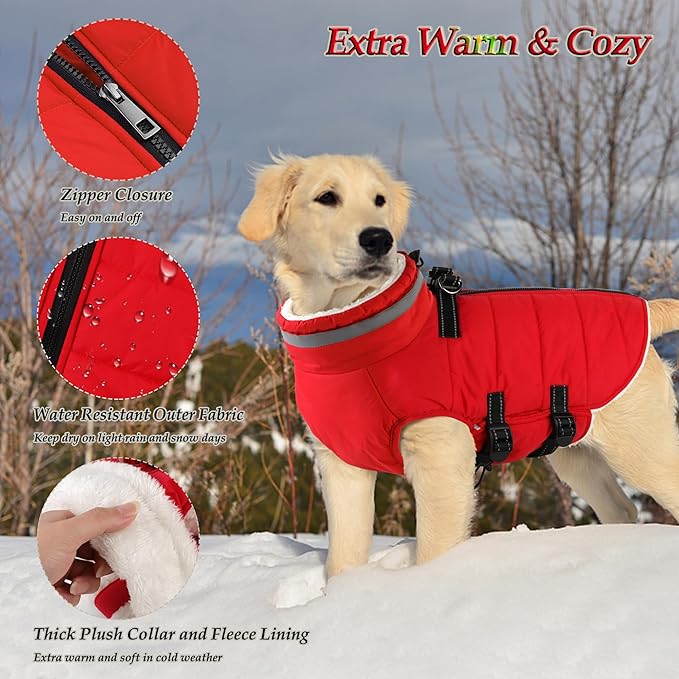 Dogcheer Dog Coat with Harness, Waterproof Dog Jacket Adjustable Pet Winter Coat with Zipper, Christmas Puppy Snow Jacket Fleece Sweater for Small Medium Large Dogs - Red L