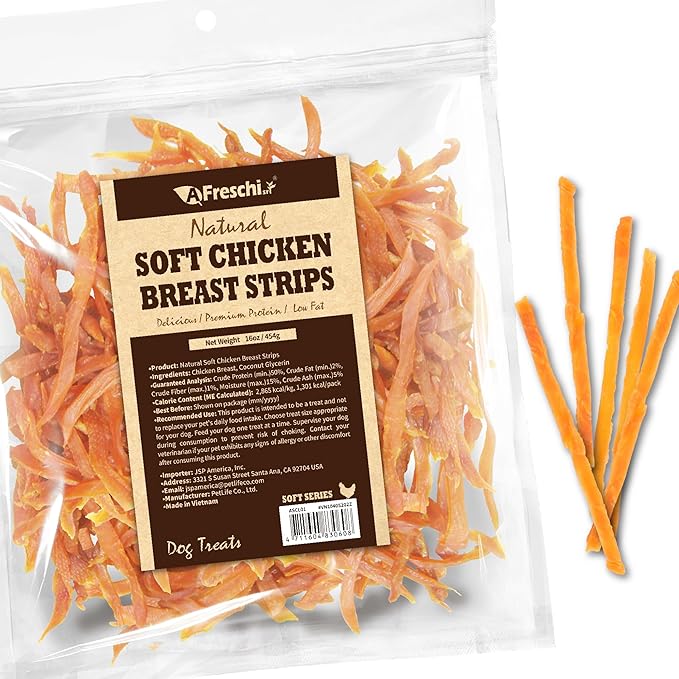 Afreschi Natural Soft Chicken Breast Strips 16 oz, Dog Treats, All Natural, Hypoallergenic & Grain-Free, High-Protein, Healthy & Easily Digestible, Soft Texture
