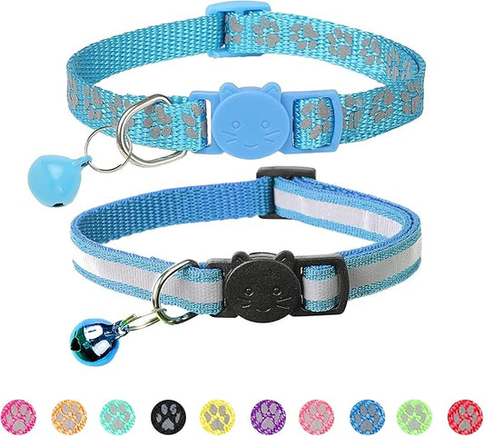 BANMODER 2 Pack Reflective Cat Collar Breakaway with Bell,Personalized Kitten Collars,Adjustable Safety Buckle Collar for Male Cats Girls & Boys (Sky Blue)