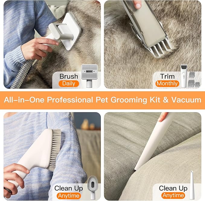 Dog Vacuum for Shedding Grooming, 12000pa Suction Dog Hair Vacuum, Pet Grooming Kit with 2l Dust Cup, Low Noise, 3 Levels, 5 Grooming Tools