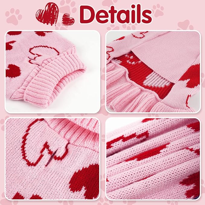 cyeollo Dog Sweater Dress Valentines Day Dog Clothes Pullover Turtleneck with Leash Hole Heart Pattern Holiday Theme Female Pet Apparel for Small Dogs