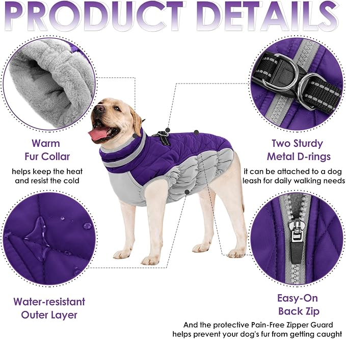 AOFITEE Dog Coat, Warm Dog Jackets for Large Dogs, Reflective Turtleneck Dogs Winter Coat with Harness Built in, Waterproof Windproof Pet Snow Jacket Fleece Vest for Cold Weather, Purple XXL