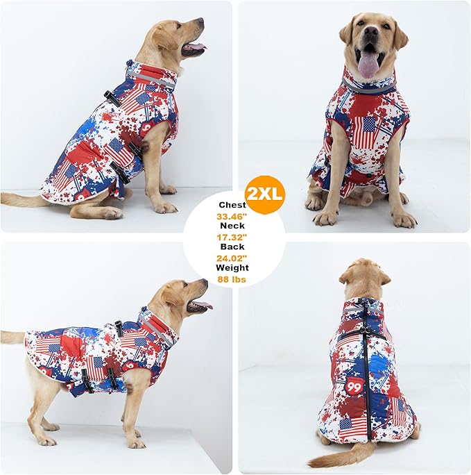 Small Dog Coat with Harness Built-in, Waterproof Reflective Fleece Lined - Warm Windproof Winter Jacket with Back Zipper, Cold Weather Snow Dog Coats - American Flag - XS