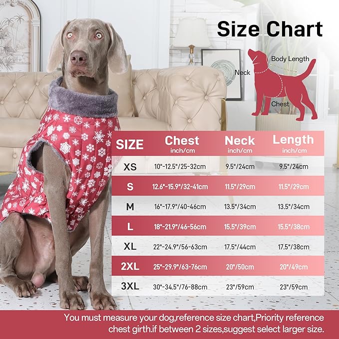Warm Fleece Dog Coats with Durable Harness Buitl in D-Ring,Waterproof Doggie Jacket for Large Dogs,Dog Vest for Cold Winter,Red,Snow Pattern XXL
