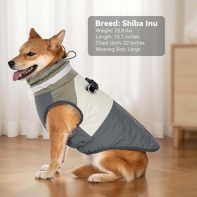 Dog Coat, Waterproof Dog Winter Coats for Small Dogs, Reflective Dogs Jacket with Harness Built in, Zip-up Cold Weather Coats Pet Vest Turtleneck Doggy Snowsuit, Grey Medium