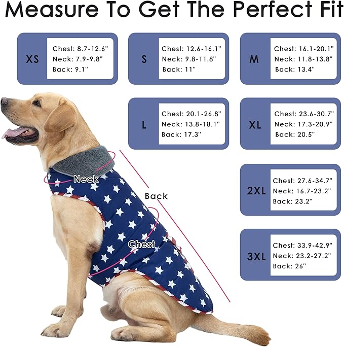 Dog Coat, Waterproof Dog Winter Jacket with Pocket, Reflective Adjustable Pet Snow Vest, Warm Cozy Fleece Sweater for Small Medium Extra Large Dogs - American Flag, XL