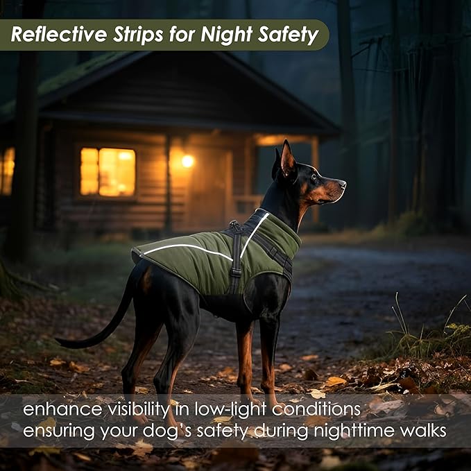 ASENKU Reflective Dog Coat with Built-in Harness, Windproof Fleece-Lined Dog Jacket for Small, Medium, Large Dogs, Warm Winter Vest with Turtleneck & Zipper (Green 2XL)