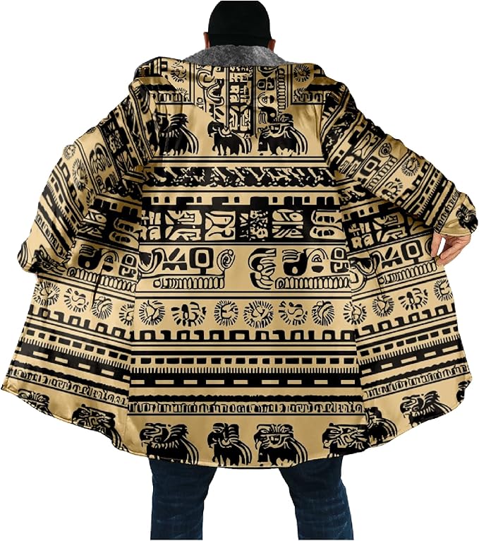 Mens Aztec Print Hoodie Heavyweight Cotton Fleece Jacket Zip Up Warm Long Sleeve Hooded Winter Midi Coat