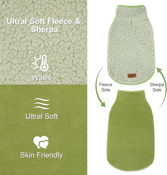 cyeollo Warm Dog Sweater Coat Fleece Sherpa Winter Sweater Coats, Turtleneck Dog Jacket Vest for Small Medium Large Dogs with Leash Hole, Soft Reversible Coats for Cold Weather, Green, M
