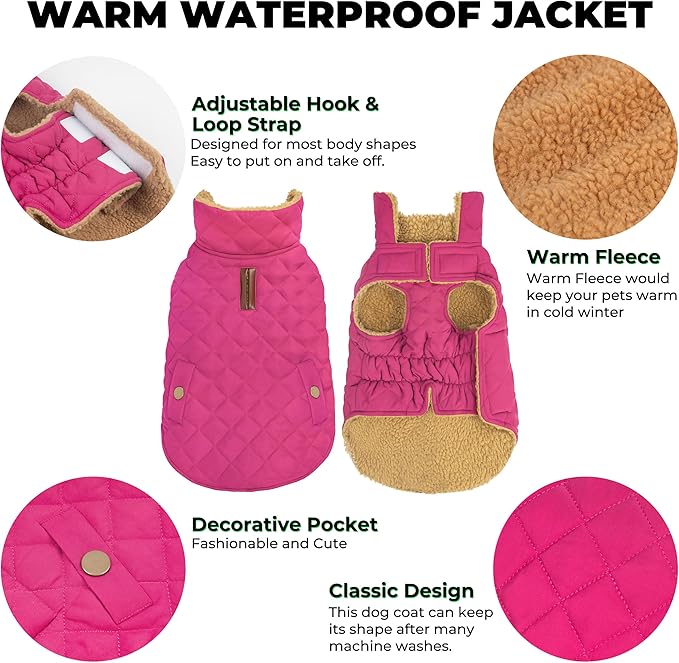 Dog Winter Coat, Waterproof Warm Dog Jackets for Large Dogs Boy, Adjustable Pet Vest Windproof Cold Weather Clothes Dogs Snowsuit with Leash Hole, Rose Red XX-Large