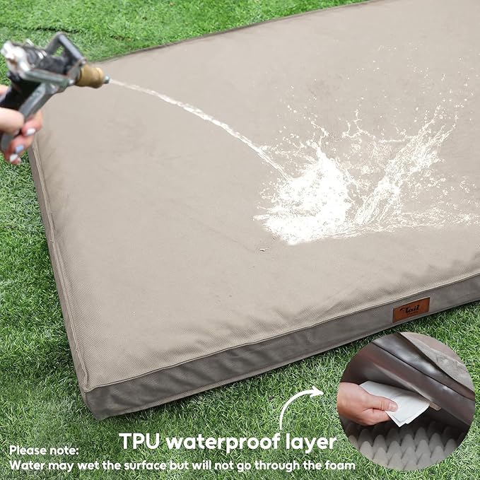 Outdoor Large Washable Dog Bed, Orthopedic Egg Crate Foam Dog Crate Mat for Large Dogs with Removable Oxford Cooling Cover, Khaki