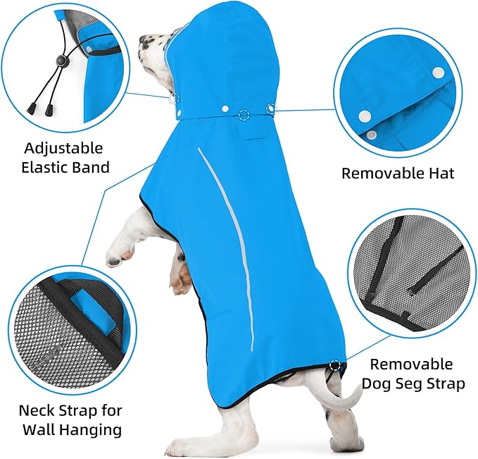 Mile High Life Dog Raincoat, Adjustable Waterproof Pet Rain Jacket, Reflective Hooded Poncho for Small Medium Large Dogs, Lightweight Breathable Pet Rain Coat (Blue,M Chest 22"-28")