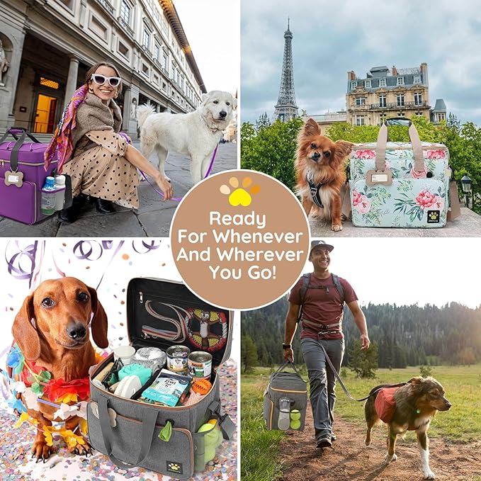 Dog Travel Bag for Week Away/Overnight Trips - Multi-Function Pockets, Ideal Dog Diaper Bag & Travel Kit (Grey)