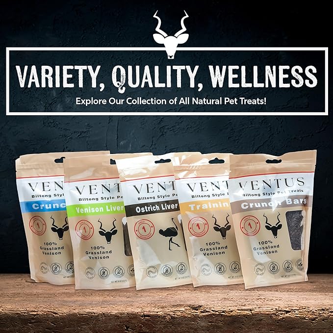 VENTUS Dog Liver Treats - Single Ingredient Venison Jerky Liver Treats, All Natural, Air Dried, Low Fat, High Value Training Treats for Dogs, Organic, 8 oz