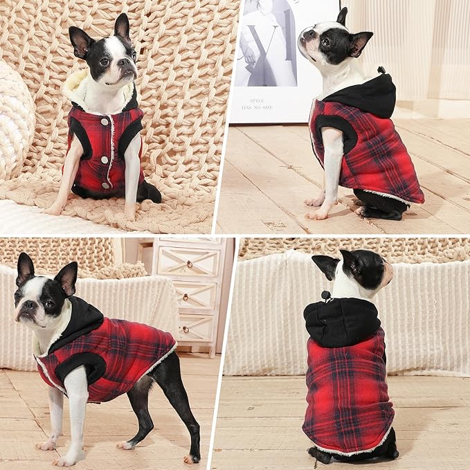 Fleece Lining Dog Hoodie for Small Dogs Extra Warm Plaid Sweater with Drawstring Hooded Coats in Winter Puppy Jacket,Red M