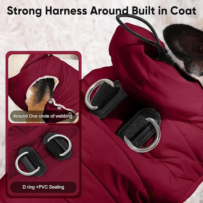 Fleece Lining Dog Hoodie with Harness Built in,Extra Warm Medium Dog Jacket in Winter Doggie Coats with Drawstring Hooded,Red L
