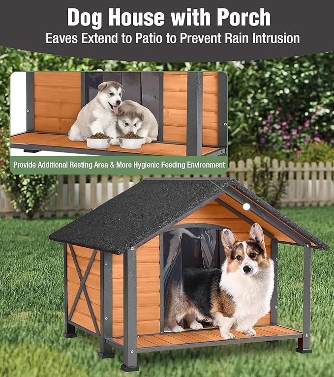 Insulated Dog House, Outdoor Dog House for Winter, Weatherproof Wooden Dog Kennel with Porch, Iron Frame, Openable Roof & Removable Floor