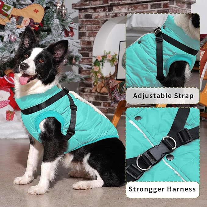 Dog Jacket with Harness,Fleece Lined Warm Puppy Coat for Winter,Soft Windproof Large Dog Vest,Bluegreen XXL