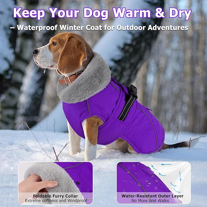 Dogcheer Dog Coat with Pocket, Waterproof Dog Jacket with Adjustable Buckle, Reflective Puppy Winter Coat Warm Turtleneck Fleece SnowJacket for Small Medium Large Dogs - Purple 3XL
