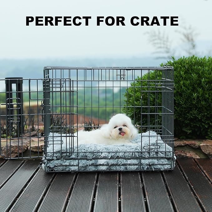 Bedfolks Plush Waterproof Dog Crate Bed, Removable Washable Faux Fur Cover, Fluffy Kennel Bed 17"x12", Dark Grey