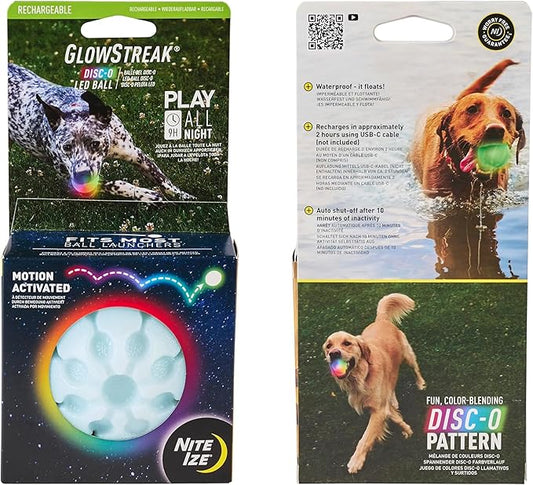 Nite Ize GlowStreak Rechargeable LED Ball - Rubber Dog Toy - Motion-Activated & Waterproof Design - 9 Hours of Runtime - Premium Dog Toys - Disc-O