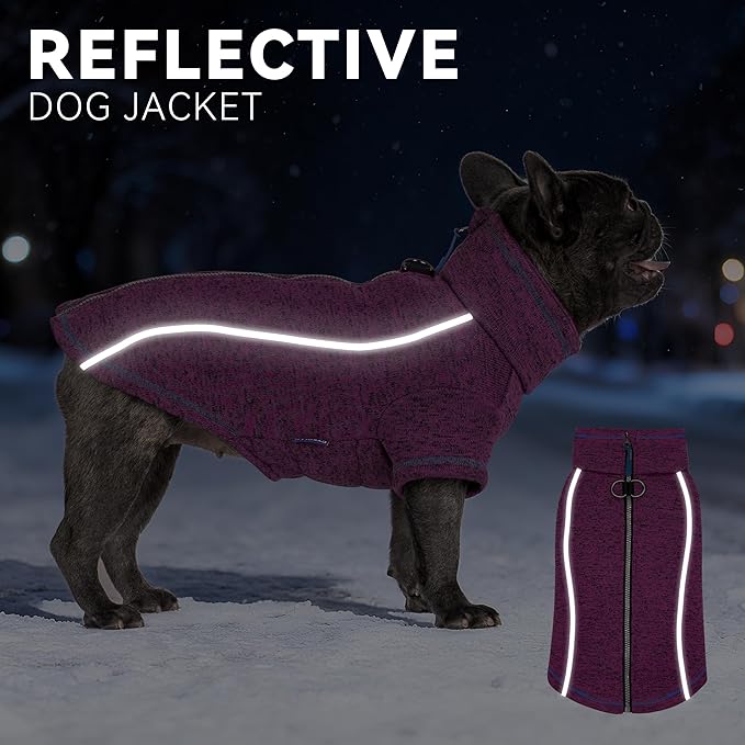 cyeollo Warm Dog Sweater with Zipper, Doggy Reflective Highneck Jackets with D Ring Step in Dog Winter Coats Fleece Female Stretchy Dogs Sweaters Pet Clothes for Large Dogs, Purple 3XL