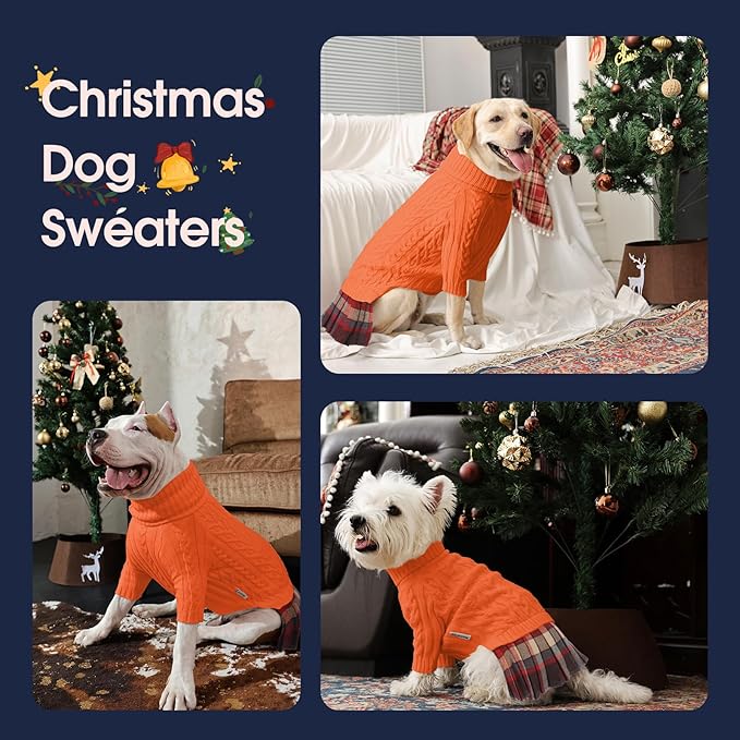 IECOii Girl XXL Dog Sweater Dress, Cozy Cable Knit Dog Sweater for Large Dogs Girl, Orange, XXLarge, 2XL Pet Pullover Knitted Dress for Winter, Turleneck with Sleeve, Warm Sweaters for Female Pitbull