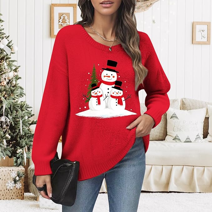 Women's Red Christmas Sweater - Festive Cartoon Patterns, Cozy Knit for Holiday Parties & Gatherings