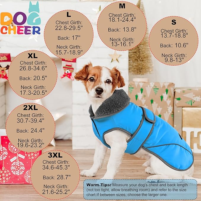 Dogcheer Dog Coat, Waterproof Dog Jacket Reflective Pet Winter Coat with Adjustable Hook & Loop, Christmas Puppy Fleece Jacket Warm Turtleneck Snowsuit for Small Medium Large Dogs - Sky Blue, 3XL