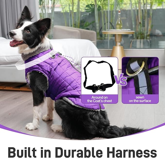 Warm Fleece Dog Coats with Durable Harness Buitl in D-Ring,Waterproof Puppy Jacket for Small Dogs,Dog Vest for Cold Winter,Purple M