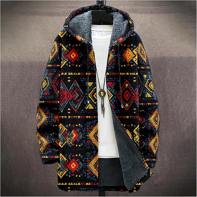 Mens Aztec Print Hoodie Heavyweight Cotton Fleece Jacket Zip Up Warm Long Sleeve Hooded Winter Midi Coat