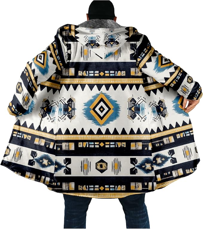 Mens Aztec Print Hoodie Heavyweight Cotton Fleece Jacket Zip Up Warm Long Sleeve Hooded Winter Midi Coat