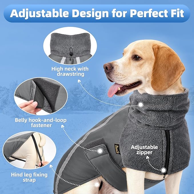SlowTon Winter Dog Coat, Warm Polar Fleece Lining Doggie Outdoor Jacket with Turtleneck Scarf Reflective Stripe Adjustable Waterproof Windproof Puppy Vest Soft Pet Outfits (M+,Grey)