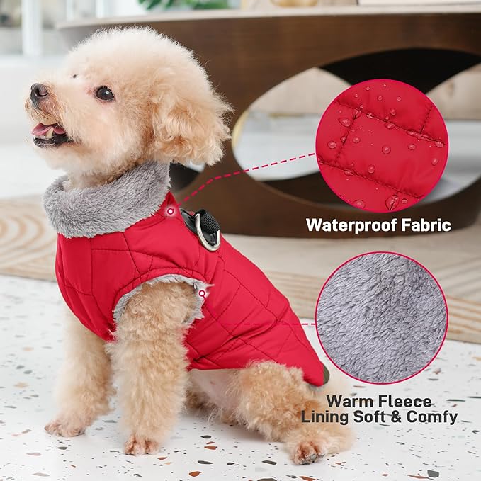 Warm Fleece Dog Coats with Durable Harness Buitl in D-Ring,Waterproof Doggie Jacket for Medium Dogs,Dog Vest for Cold Winter,Red L