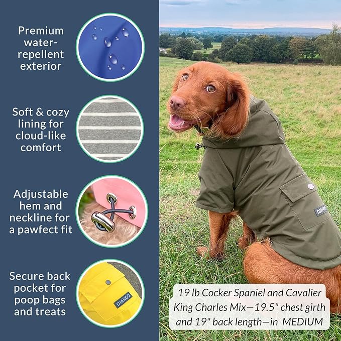 DJANGO Highland Dog Jacket & Raincoat – Water-Repellent, Lined Dog Coat with Hood, Adjustable Fit & Harness Hole – Lightweight Rain & Wind Jacket for Small & Medium Dogs up to 30 lbs (Blue, Large)