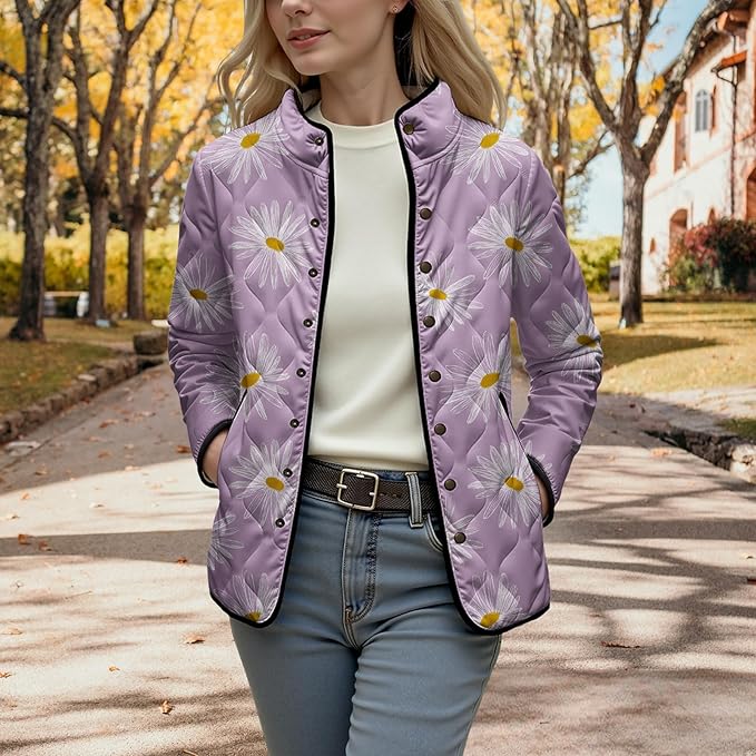 LIZALIG Women's Cropped Puffer Jacket Lightweight Floral Print Long Sleeve Padded Quilted Puffy Cardigan Coat