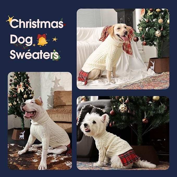 IECOii Girl Dog Sweater Dress - Cable Knit Dog Sweater for Small Dogs Girl - Beige,Medium, Turtleneck Pullover Sweaters with Tartan Plaid Skirt, Adorable Warm Dog Knitted Dress for Christmas
