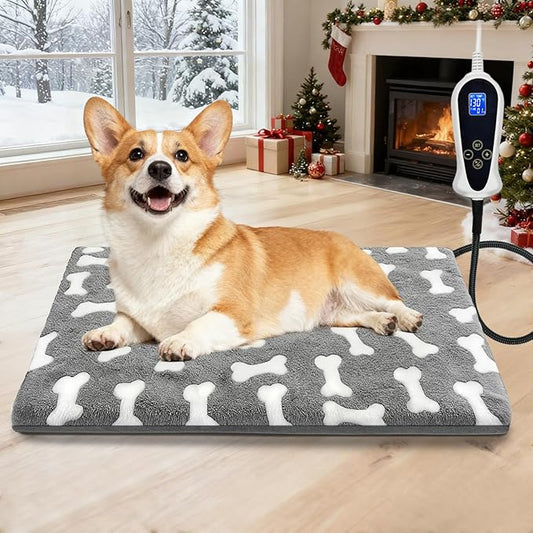 Bestio Pet Heating Pad 22x 18 in Waterproof Heated Cat Bed Adjustable Thermostat Normally ON Function Metal Protective Tubing with a Plush Cotton Cover - Gray