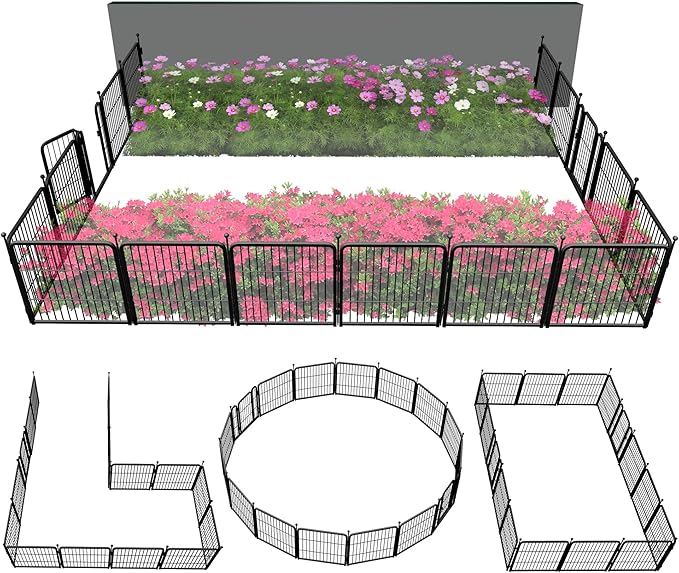 FXW Garden Fence Outdoor for The Yard – 24in(H) x 30.4ft(L) Heavy Duty Metal Animal Barrier for Dog and Rabbit, Decorative Dog Fence, 16 Panels, Black