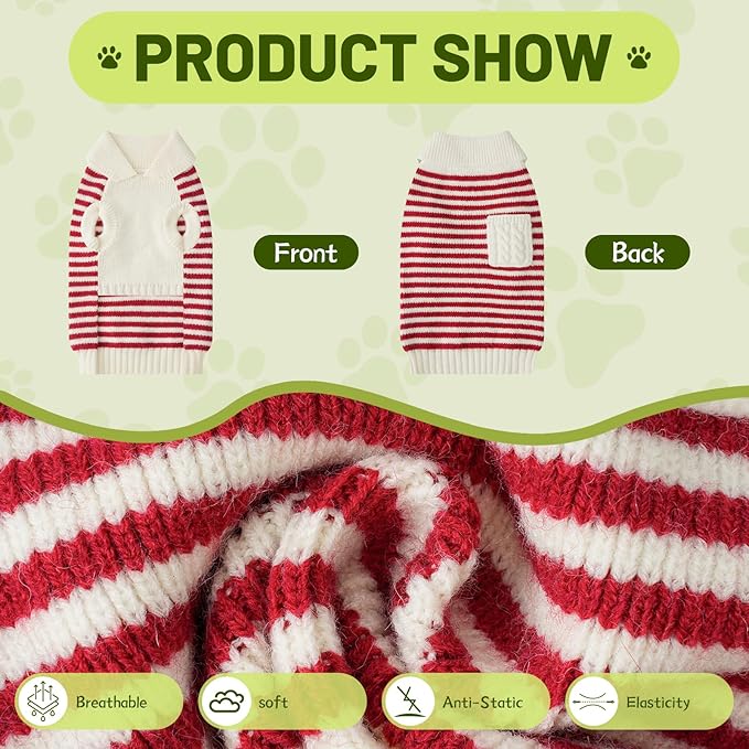 Small Dog Sweater, Knitted Striped Pullover Dog Clothes for Cold Weather, Thick Warm Cozy Stretchy Sweater for Chihuahua, Bulldog, Dachshund, Pug(Red & White Strip, S)
