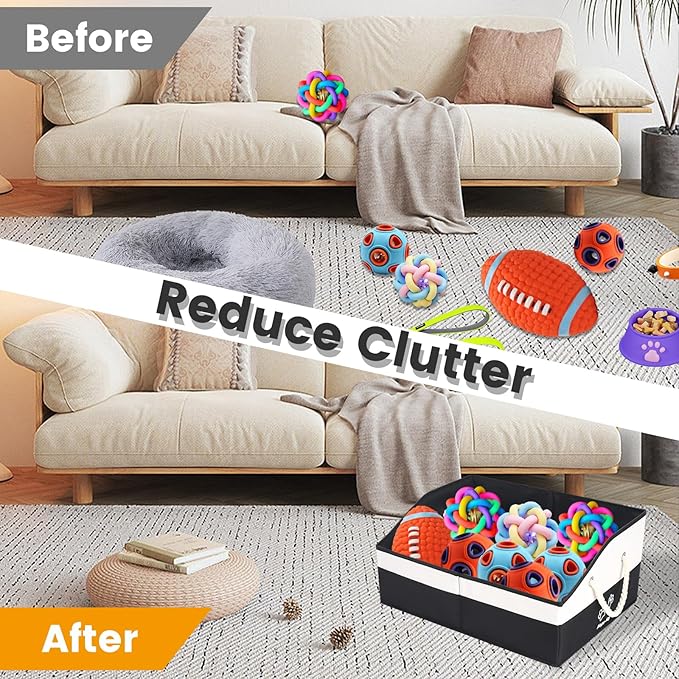 Large Dog Toy Basket With Handle, Foldable Dog Toy Box for Living Room Area, 20" Basket for Dogs Toys, Clothes, Organizers and Storage with Hard Board, Anti-slip for Pet Toys (Black, Medium)