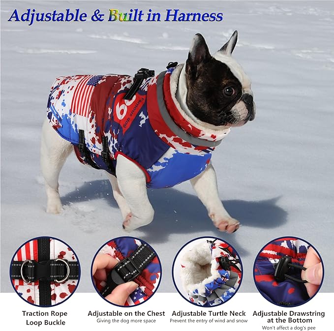 Dogcheer Dog Winter Coat, American Flag Dog Jacket with Harness, Adjustable Puppy Coat with Zipper, Waterproof Pet Fleece Jacket Snowsuit for Small Medium Large Dogs - US Flag S