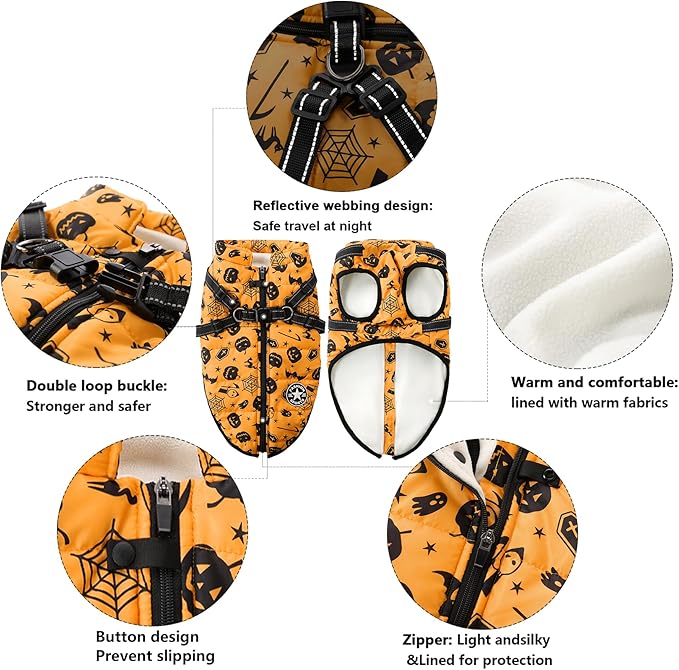 Aiboria Dog Jackets Windproof Outfit Coat Dog Vest Harness Puppy Warm Jacket Halloween Orange L