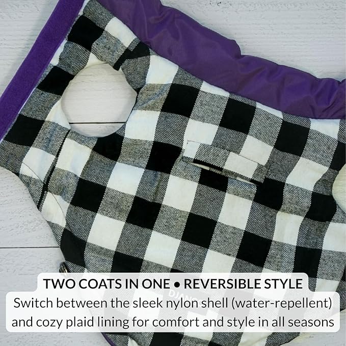 DJANGO Reversible Puffer Dog Coat – Warm Winter Dog Jacket & Water-Repellent Insulated Dog Coat w/Harness Hole, Windproof, Adjustable Fit for Small & Medium Dogs, Dachshunds – Violet Purple, Medium