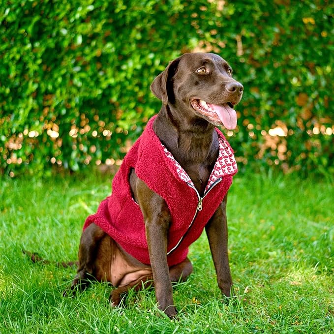 Tuff Pupper Reversible Fleece Sweater Vest for Dogs | Lightweight Comfortable Insulated Jacket | Front Zip Closure | Machine Washable | Built-in Leash Hole | Sizes for All Breeds (Large, Red)