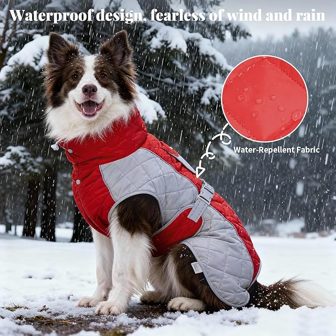 Dog Coat Dogs Winter Coat- Fleece Lined,Water-Resistant,Convertible Collar,Back Reflective Strip&Easy to Wear for Outdoor Walking Dog-Jacket(Red, XX-Large)