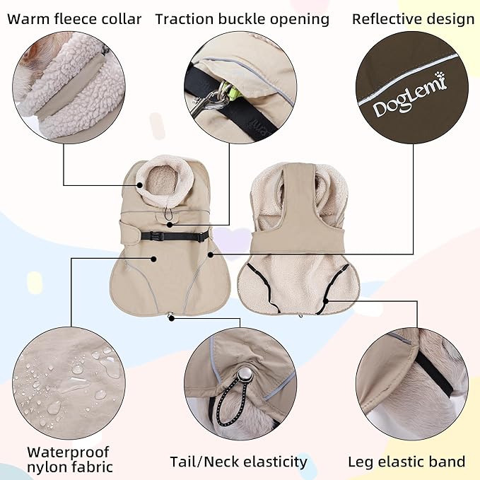 Adjustable Dog Coat with Harness Slot, Waterproof Fleece Lined Winter Jacket, Windproof Reflective Pet Vest for Cold Weather for Small Medium Large Dogs (Beige, X-Large)