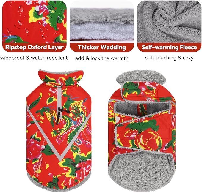 VIVAGLORY Snowrap Dog Coat, Jacket with Harness Hole & Velcro Closure, Dog Coat for Winter & Cold Weather, Fluffy Warm Fleece Lined Reflective Water Resistant for Puppy, XL, Northeast Florals-Red