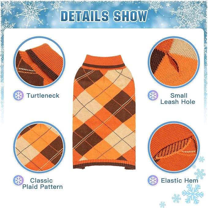KOOLTAIL Fall Dog Sweater Pet Knitted Clothes - Thanksgiving Classic Plaid Pullover Turtleneck Dog Sweaters with Leash Hole, Thick Cold Weather Pet Outfits for Small Medium Large Dogs Cats Puppy, ML