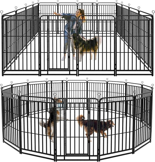 Square Steel Pipe Dog Fence Outdoor 16 Piece Panels 47" Height Anti-Rust Heavy Duty Dog Playpen with Doors Portable for Yard RV Camping, Total 36FT, 103 Sq.ft, Snowy Black